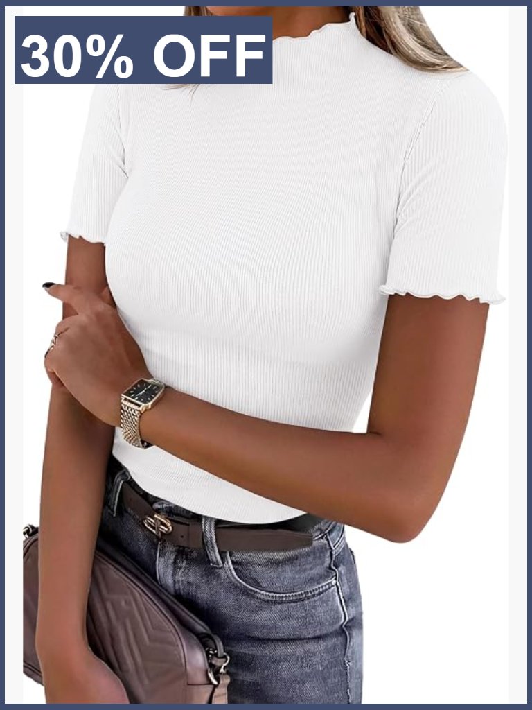 Ruffle Mock Neck Ribbed Fitted Basic Tee